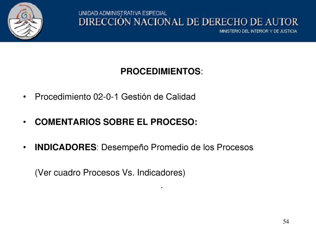 PROCEDIMIENTOS: Procedimiento Gestión de Calidad. COMENTARIOS SOBRE EL PROCESO: INDICADORES: Desempeño Promedio de los Procesos.