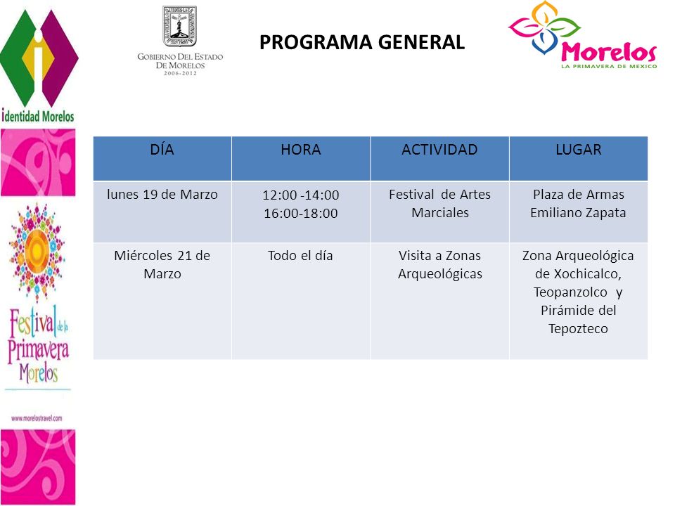PROGRAMA GENERAL DÍA HORA ACTIVIDAD LUGAR lunes 19 de Marzo