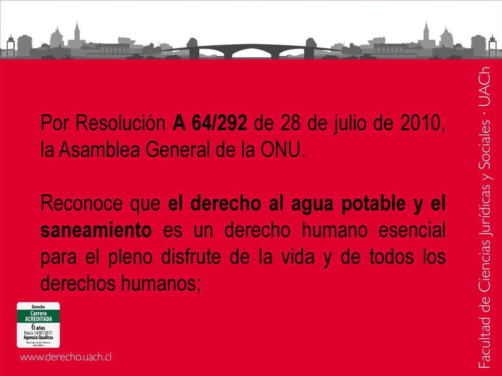 Por Resolución A 64/292 de 28 de julio de 2010, la Asamblea General de la ONU.