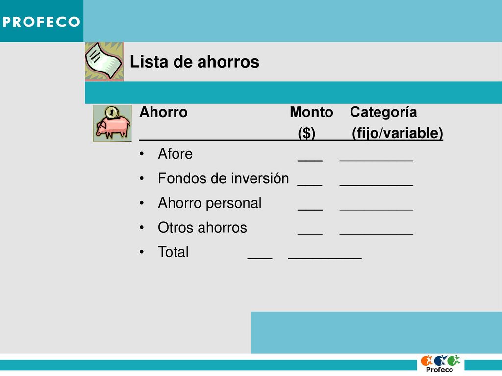 Lista de ahorros Ahorro Monto Categoría ($) (fijo/variable)