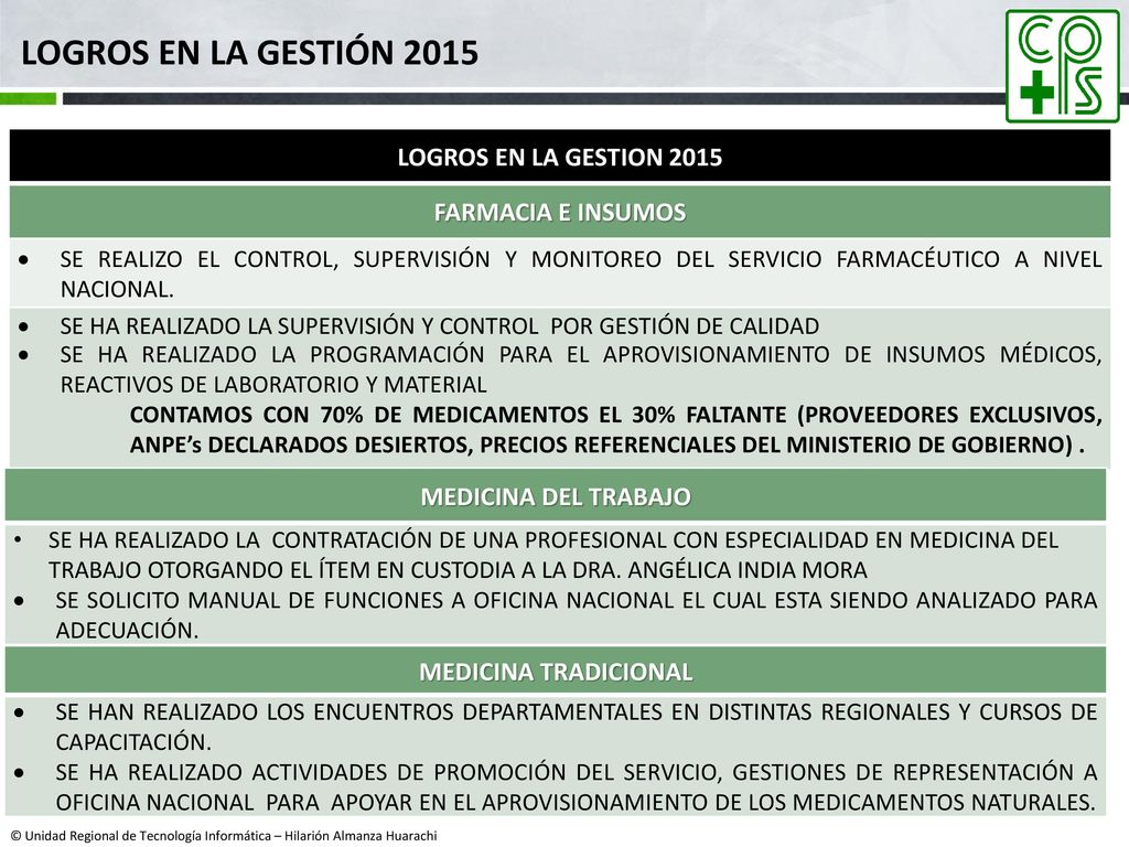 LOGROS EN LA GESTIÓN 2015 LOGROS EN LA GESTION 2015 FARMACIA E INSUMOS