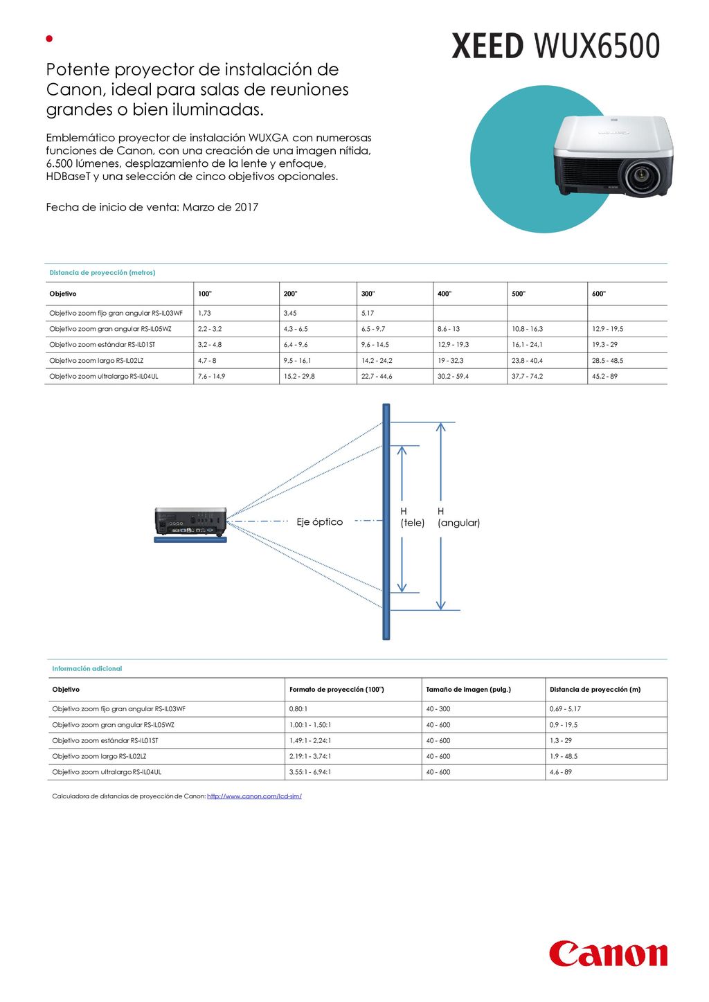 Potente proyector de instalación de Canon, ideal para salas de reuniones grandes o bien iluminadas.