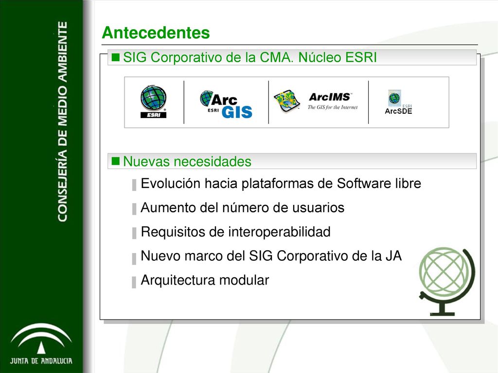 Antecedentes SIG Corporativo de la CMA. Núcleo ESRI Nuevas necesidades