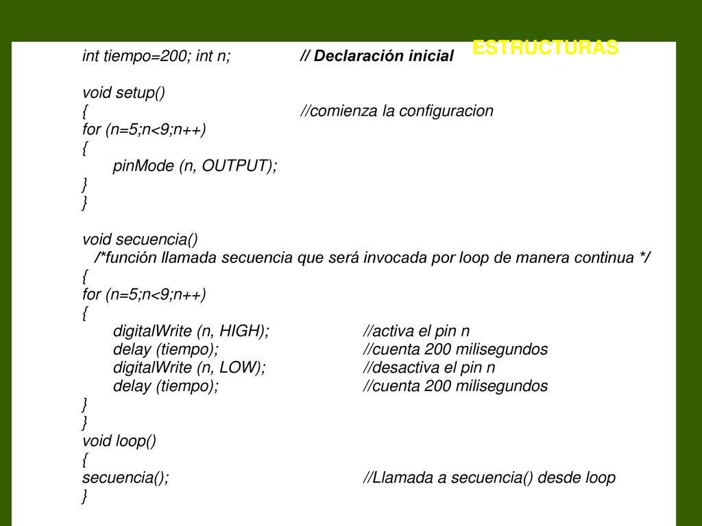 ESTRUCTURAS int tiempo=200; int n; // Declaración inicial void setup()
