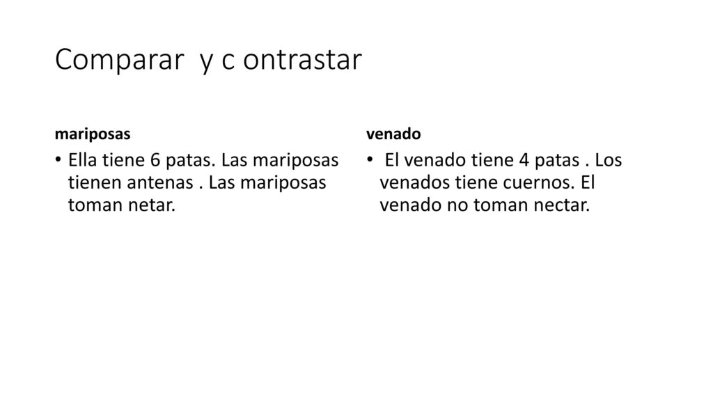 Comparar y c ontrastar mariposas. venado. Ella tiene 6 patas. Las mariposas tienen antenas . Las mariposas toman netar.