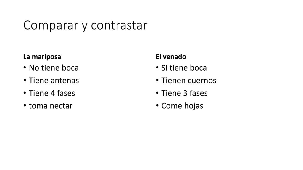 Comparar y contrastar No tiene boca Tiene antenas Tiene 4 fases