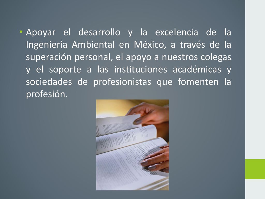 Apoyar el desarrollo y la excelencia de la Ingeniería Ambiental en México, a través de la superación personal, el apoyo a nuestros colegas y el soporte a las instituciones académicas y sociedades de profesionistas que fomenten la profesión.