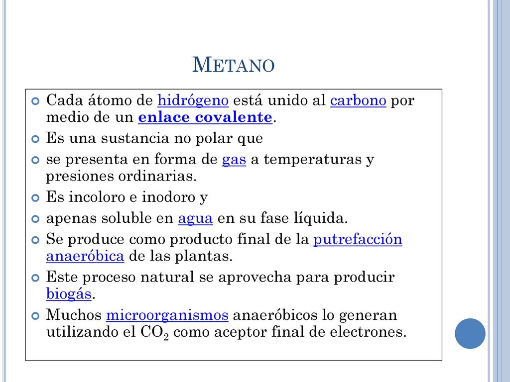 Metano Cada átomo de hidrógeno está unido al carbono por medio de un enlace covalente. Es una sustancia no polar que.