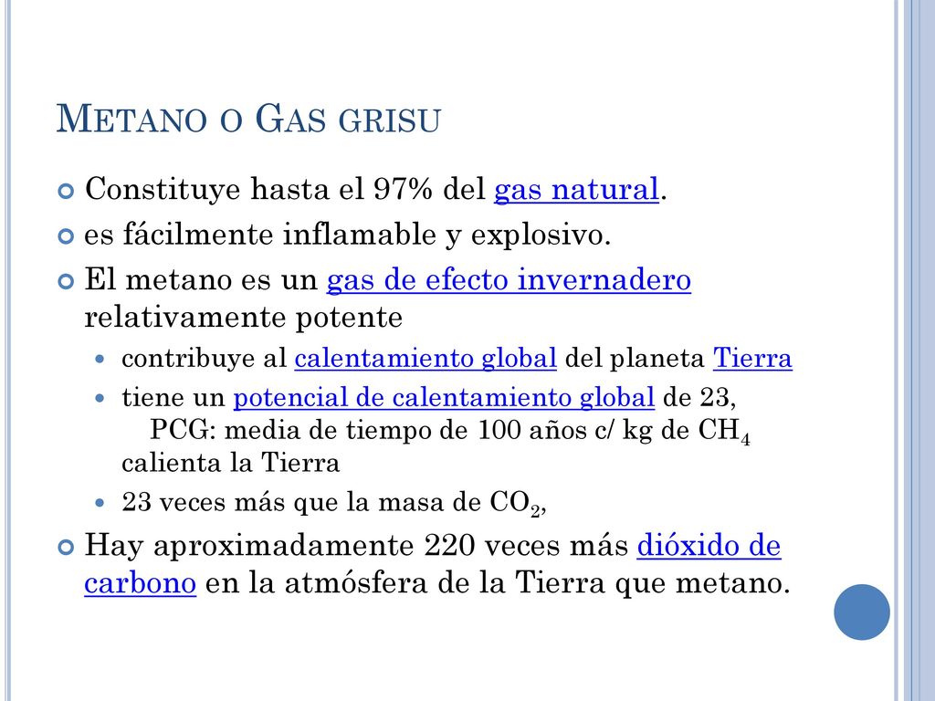 Metano o Gas grisu Constituye hasta el 97% del gas natural.
