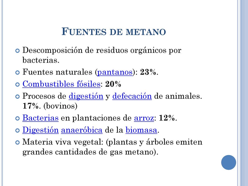 Fuentes de metano Descomposición de residuos orgánicos por bacterias.