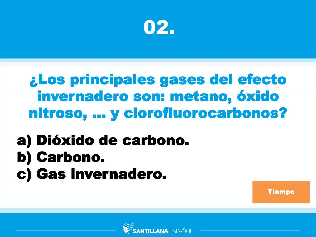 02. ¿Los principales gases del efecto invernadero son: metano, óxido nitroso, … y clorofluorocarbonos