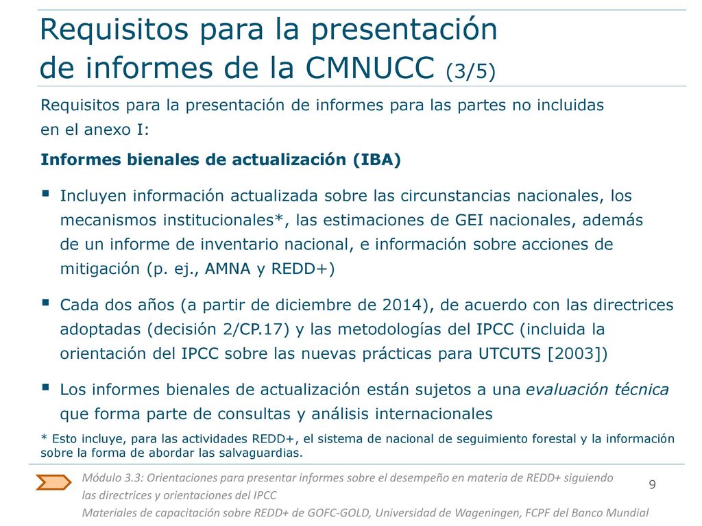 Requisitos para la presentación de informes de la CMNUCC (3/5)