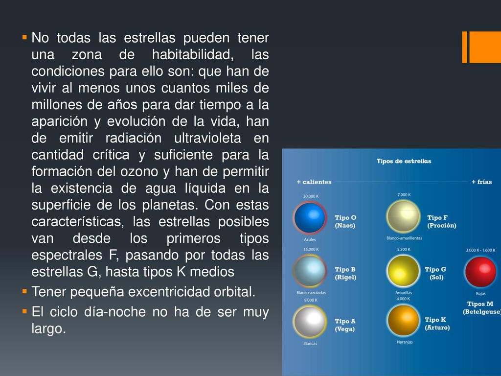 No todas las estrellas pueden tener una zona de habitabilidad, las condiciones para ello son: que han de vivir al menos unos cuantos miles de millones de años para dar tiempo a la aparición y evolución de la vida, han de emitir radiación ultravioleta en cantidad crítica y suficiente para la formación del ozono y han de permitir la existencia de agua líquida en la superficie de los planetas. Con estas características, las estrellas posibles van desde los primeros tipos espectrales F, pasando por todas las estrellas G, hasta tipos K medios