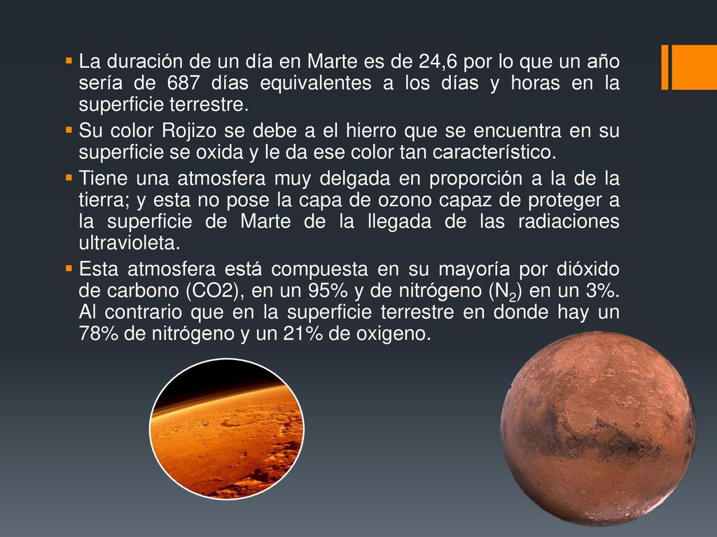 La duración de un día en Marte es de 24,6 por lo que un año sería de 687 días equivalentes a los días y horas en la superficie terrestre.