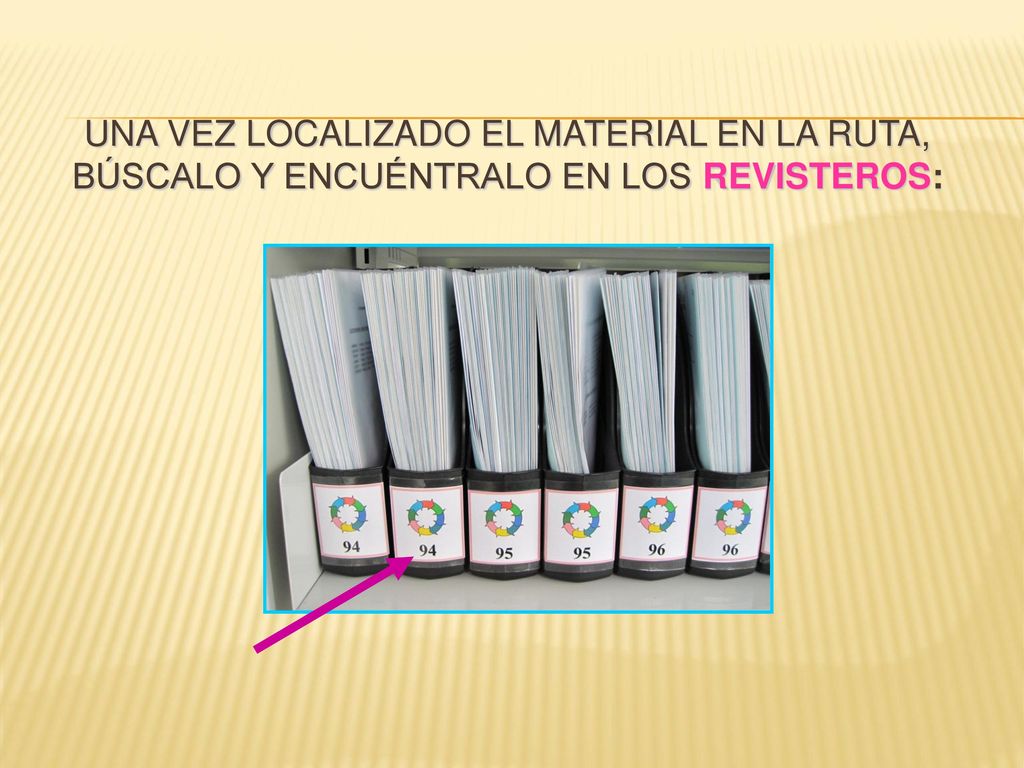 Una vez localizado el material en la ruta, búscalo y encuéntralo en los revisteros: