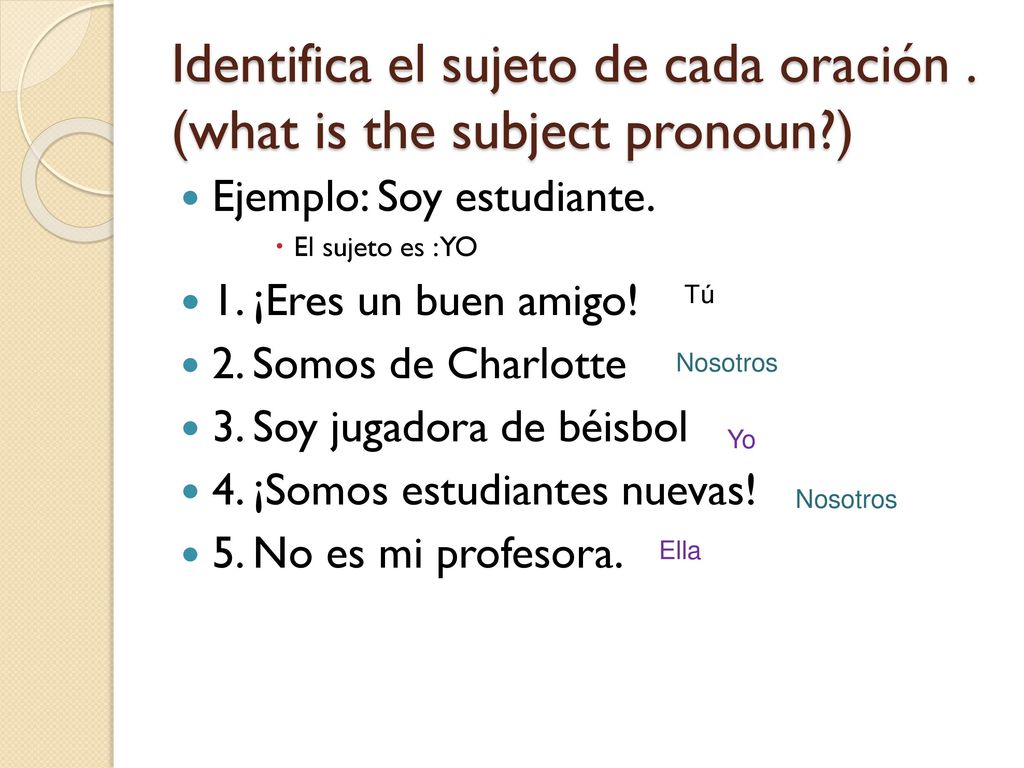 Identifica el sujeto de cada oración . (what is the subject pronoun )