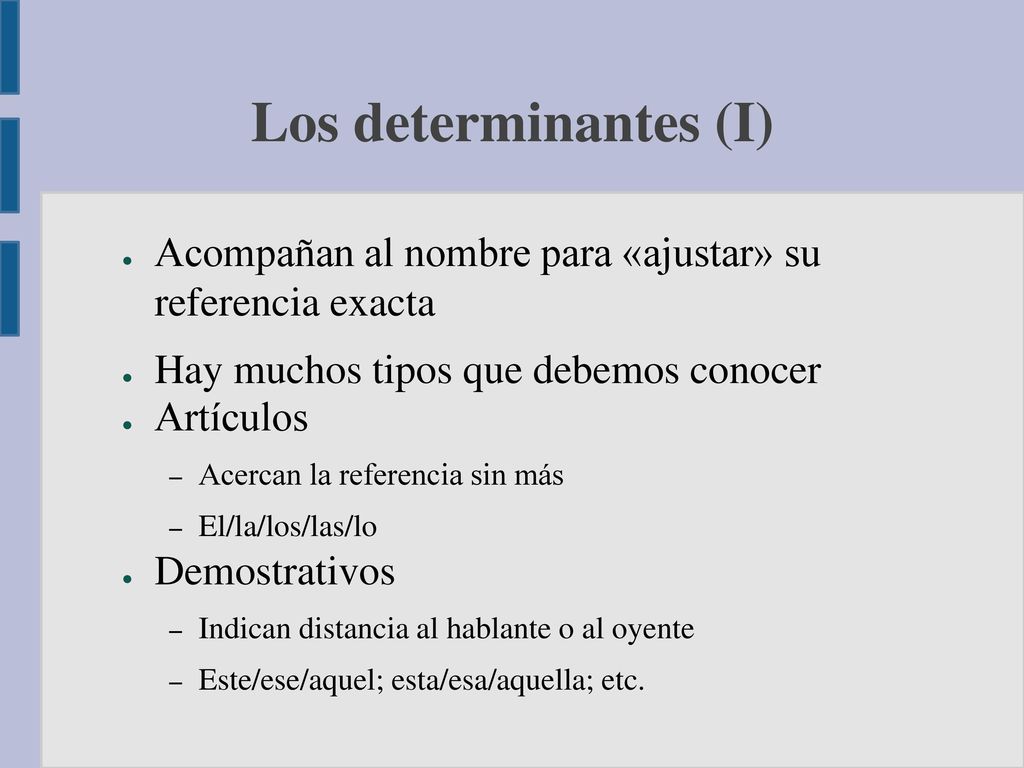 Los determinantes (I) Acompañan al nombre para «ajustar» su referencia exacta. Hay muchos tipos que debemos conocer.