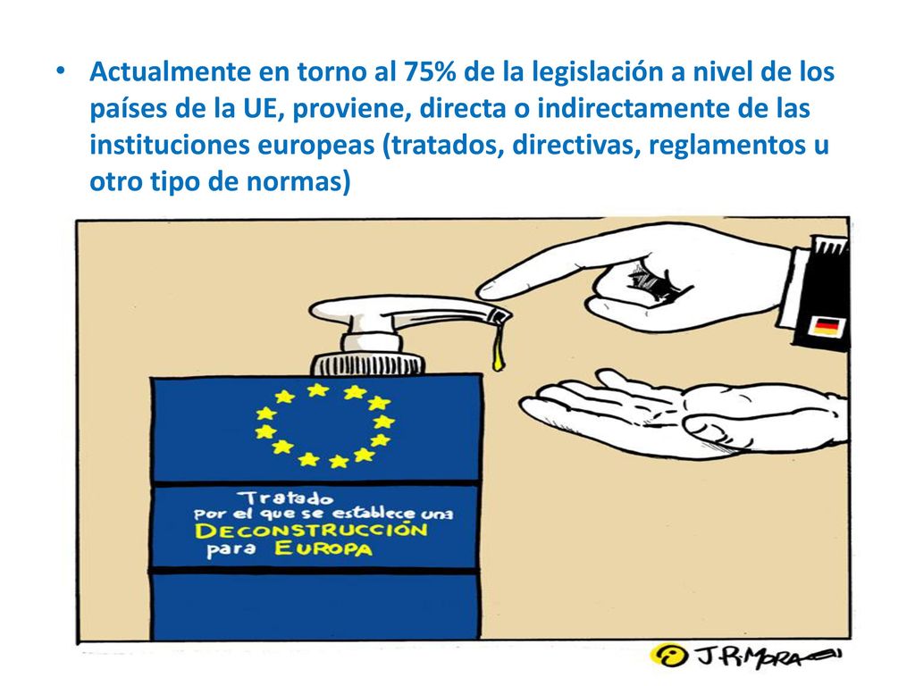 Actualmente en torno al 75% de la legislación a nivel de los países de la UE, proviene, directa o indirectamente de las instituciones europeas (tratados, directivas, reglamentos u otro tipo de normas)