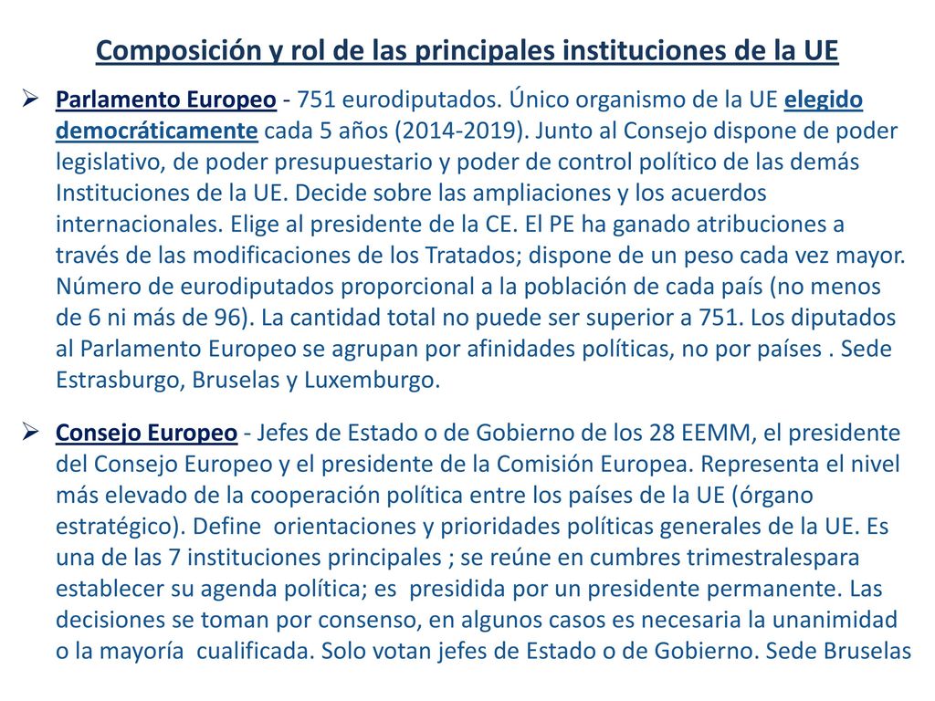 Composición y rol de las principales instituciones de la UE