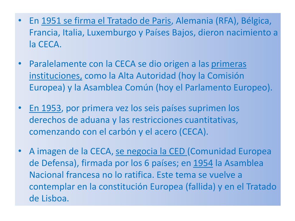 En 1951 se firma el Tratado de Paris, Alemania (RFA), Bélgica, Francia, Italia, Luxemburgo y Países Bajos, dieron nacimiento a la CECA.