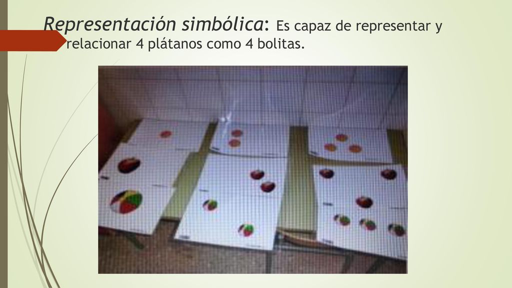 Representación simbólica: Es capaz de representar y relacionar 4 plátanos como 4 bolitas.