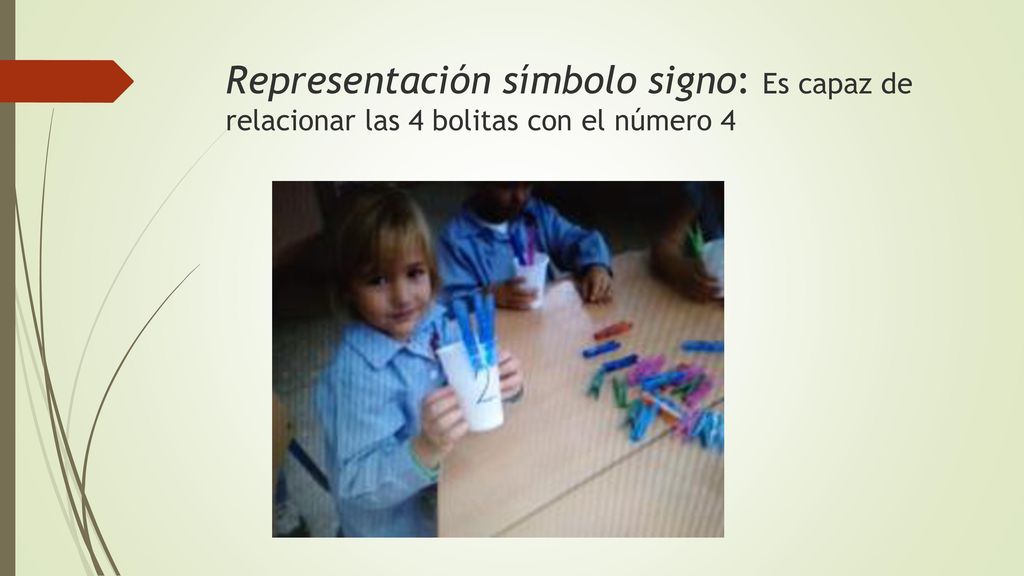 Representación símbolo signo: Es capaz de relacionar las 4 bolitas con el número 4