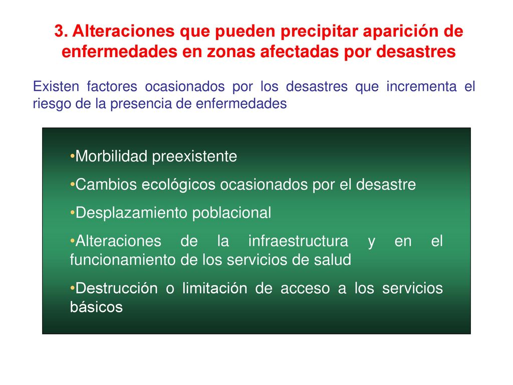 3. Alteraciones que pueden precipitar aparición de enfermedades en zonas afectadas por desastres