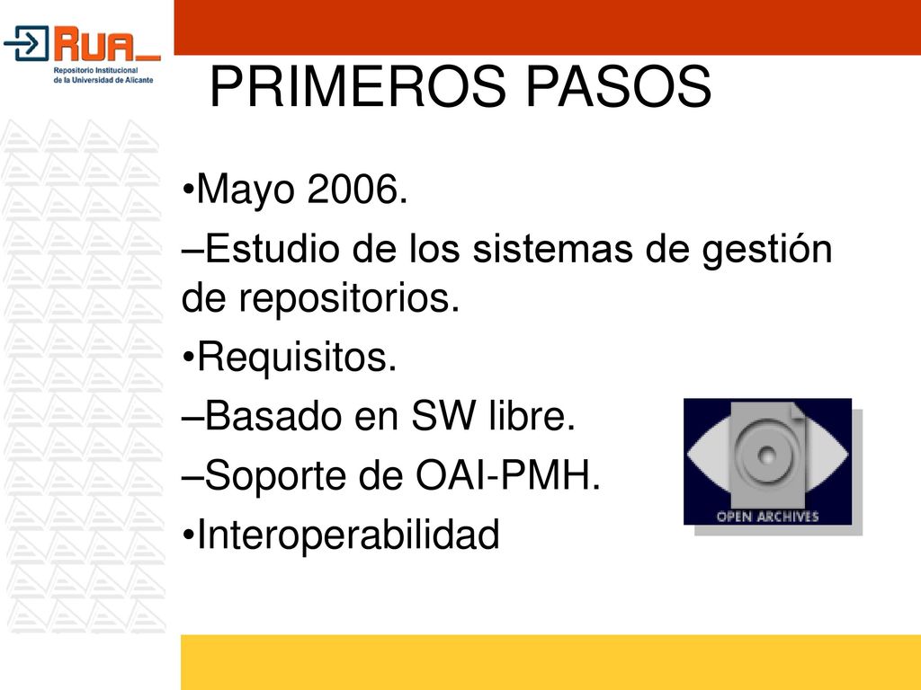 PRIMEROS PASOS Mayo Estudio de los sistemas de gestión de repositorios. Requisitos. Basado en SW libre.