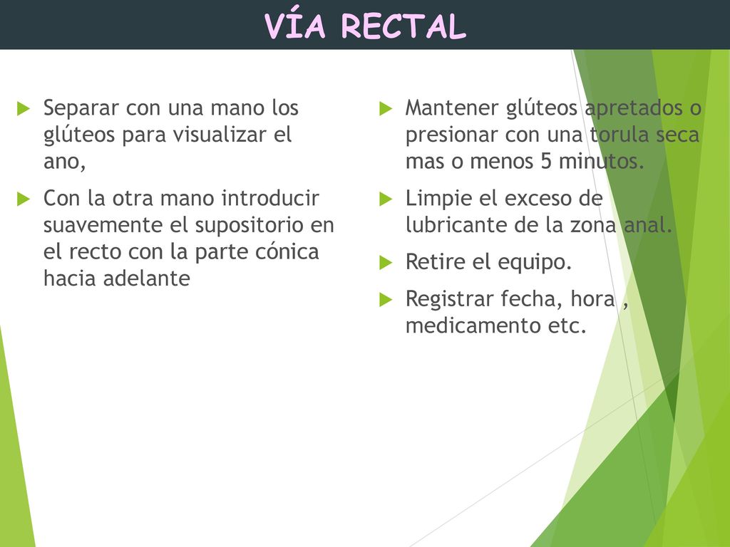 VÍA RECTAL Separar con una mano los glúteos para visualizar el ano,