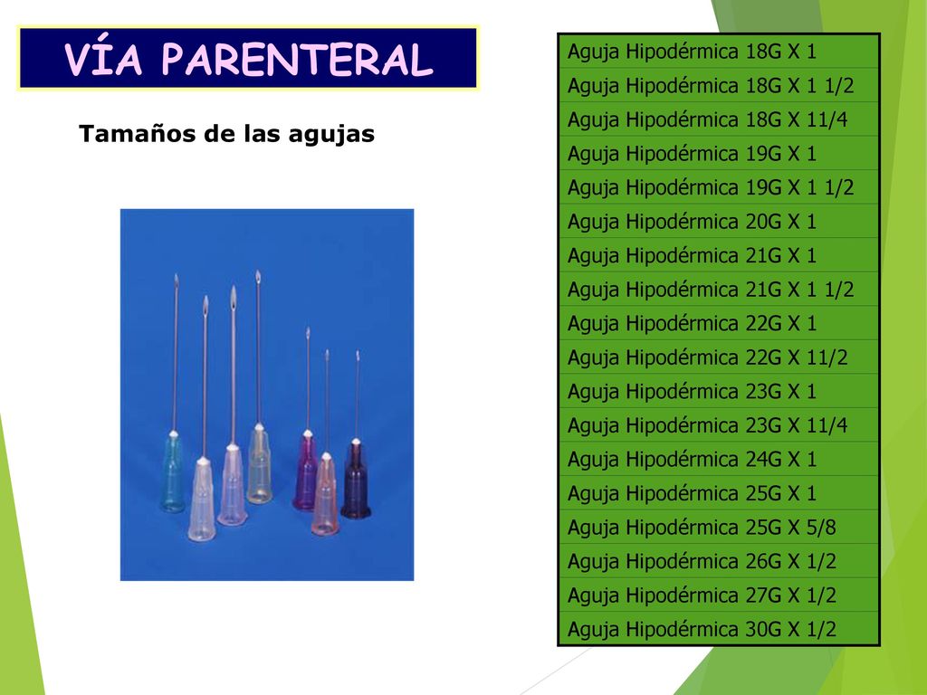 VÍA PARENTERAL Tamaños de las agujas Aguja Hipodérmica 18G X 1