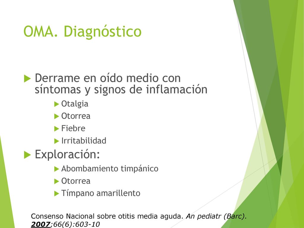 OMA. Diagnóstico Derrame en oído medio con síntomas y signos de inflamación. Otalgia. Otorrea. Fiebre.