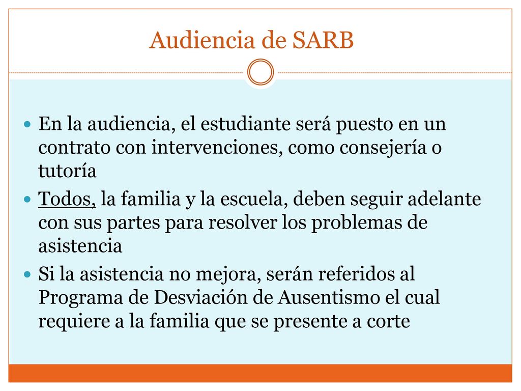 Audiencia de SARB En la audiencia, el estudiante será puesto en un contrato con intervenciones, como consejería o tutoría.
