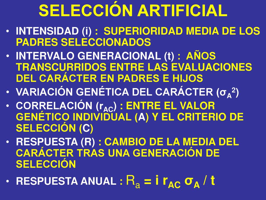 SELECCIÓN ARTIFICIAL INTENSIDAD (i) : SUPERIORIDAD MEDIA DE LOS PADRES SELECCIONADOS.