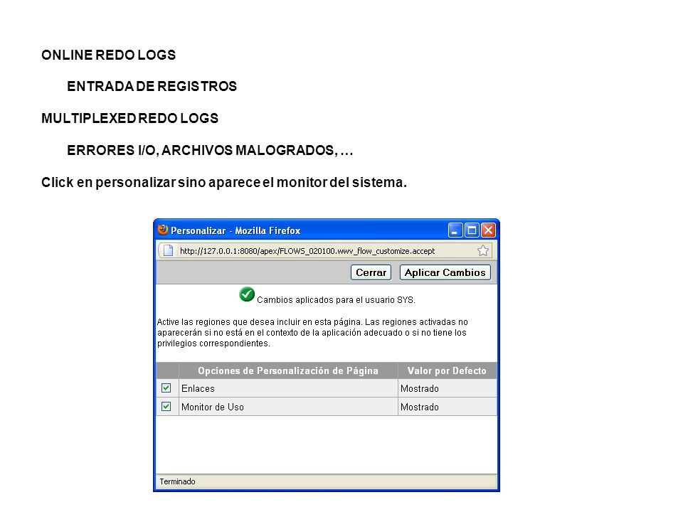 ONLINE REDO LOGS ENTRADA DE REGISTROS. MULTIPLEXED REDO LOGS. ERRORES I/O, ARCHIVOS MALOGRADOS, …
