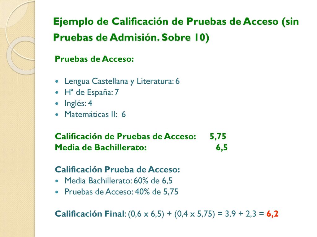 Ejemplo de Calificación de Pruebas de Acceso (sin Pruebas de Admisión