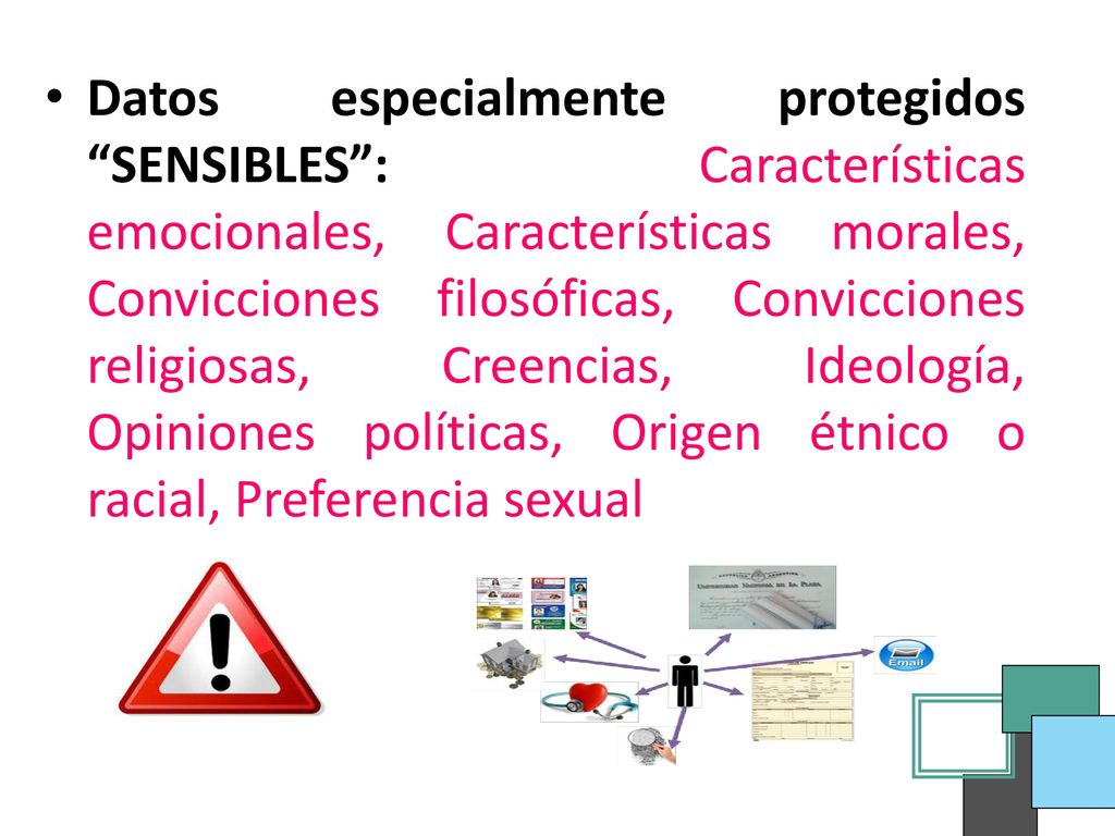 Datos especialmente protegidos SENSIBLES : Características emocionales, Características morales, Convicciones filosóficas, Convicciones religiosas, Creencias, Ideología, Opiniones políticas, Origen étnico o racial, Preferencia sexual