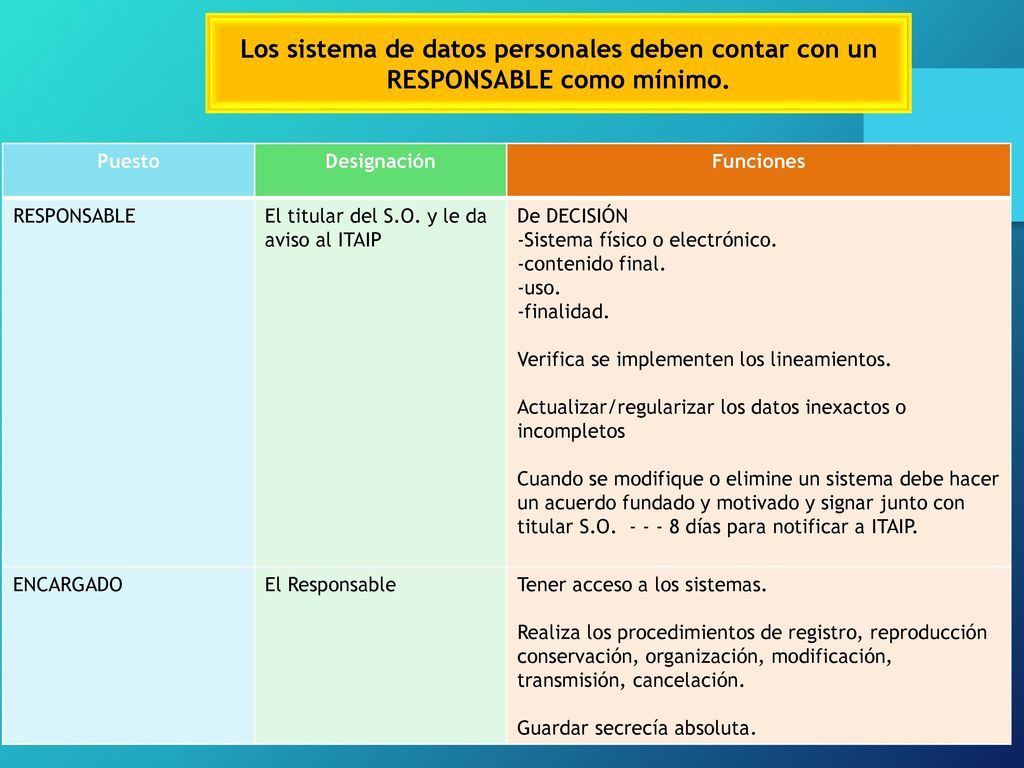 Los sistema de datos personales deben contar con un RESPONSABLE como mínimo.