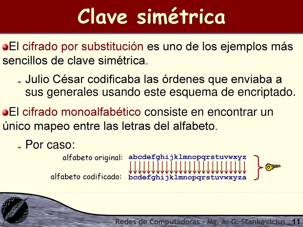 Clave simétrica El cifrado por substitución es uno de los ejemplos más sencillos de clave simétrica.