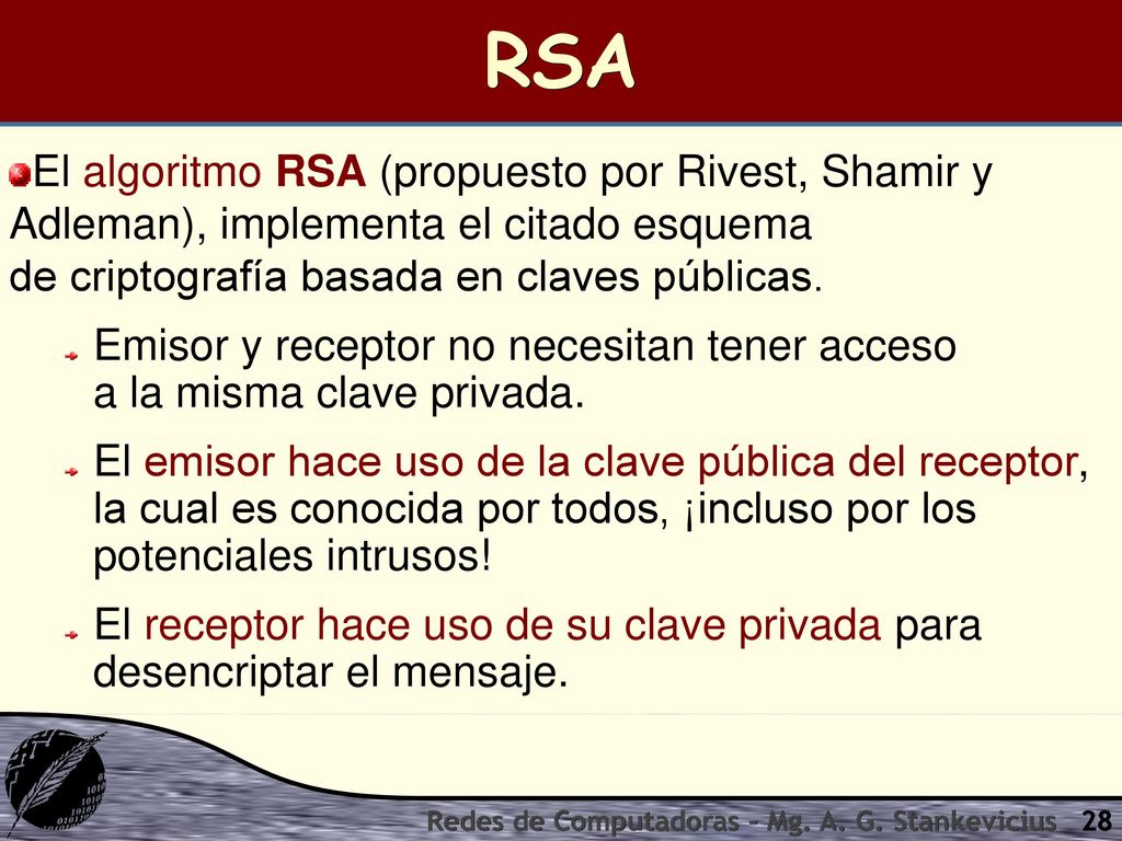 RSA El algoritmo RSA (propuesto por Rivest, Shamir y Adleman), implementa el citado esquema de criptografía basada en claves públicas.