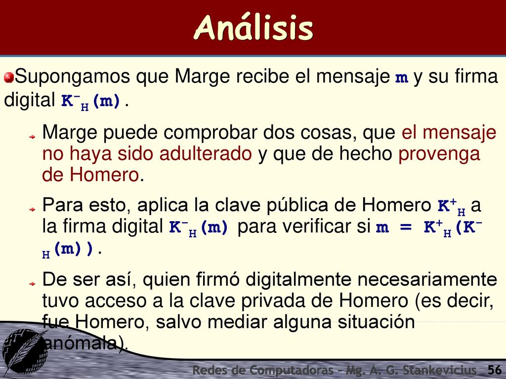 Análisis Supongamos que Marge recibe el mensaje m y su firma digital K-H(m).