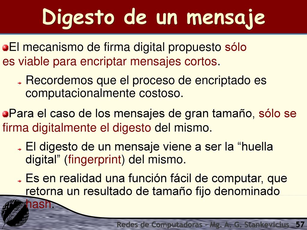Digesto de un mensaje El mecanismo de firma digital propuesto sólo es viable para encriptar mensajes cortos.
