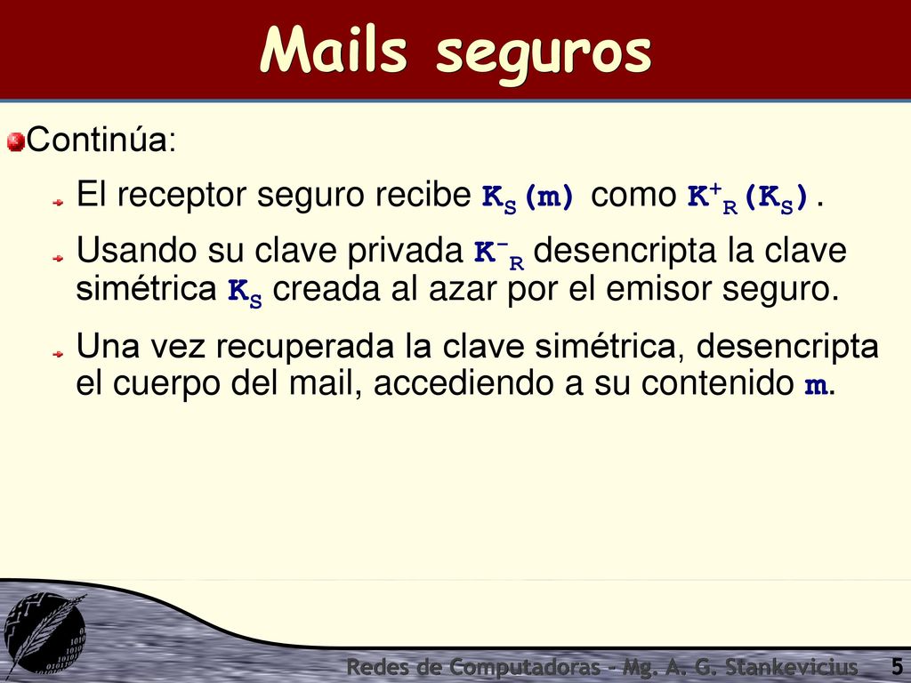 Mails seguros Continúa: El receptor seguro recibe KS(m) como K+R(KS).