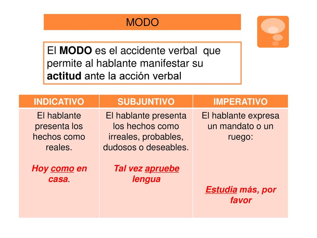 MODO El MODO es el accidente verbal que permite al hablante manifestar su actitud ante la acción verbal.