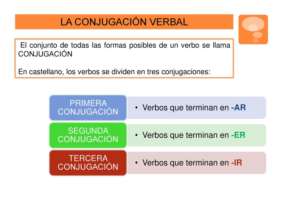 LA CONJUGACIÓN VERBAL PRIMERA CONJUGACIÓN Verbos que terminan en -AR
