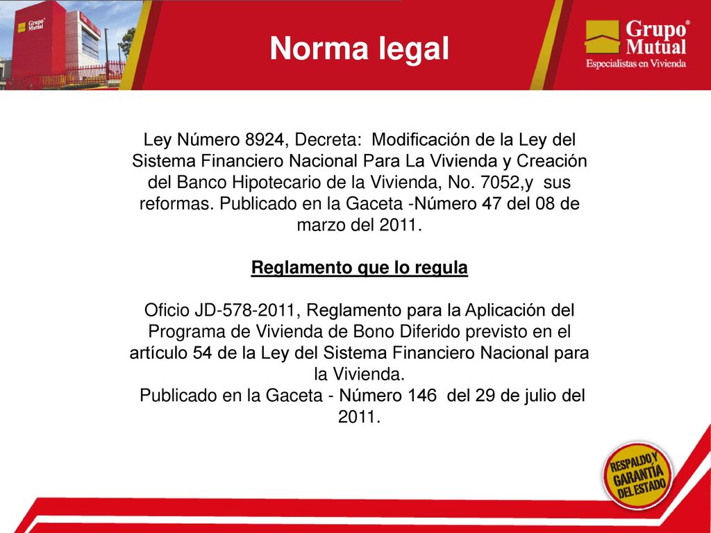 Norma legal Ley Número 8924, Decreta: Modificación de la Ley del Sistema Financiero Nacional Para La Vivienda y Creación del Banco Hipotecario de la Vivienda, No.