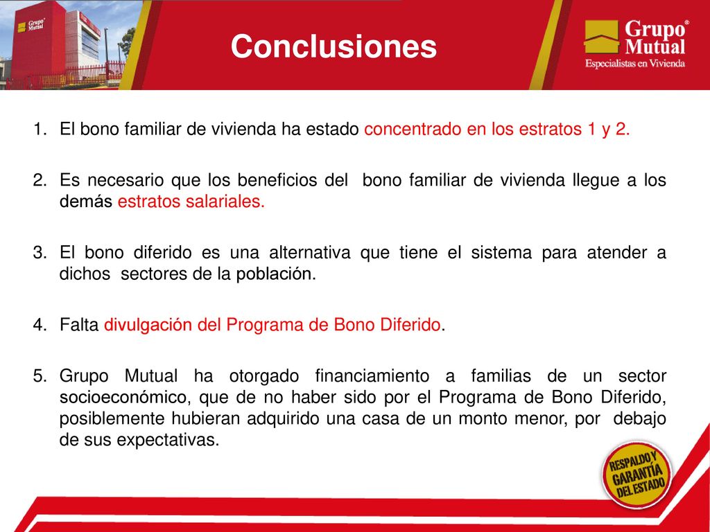 Conclusiones El bono familiar de vivienda ha estado concentrado en los estratos 1 y 2.