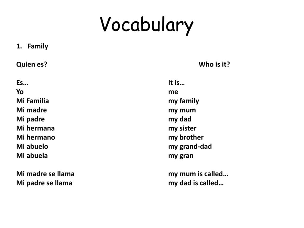 Vocabulary Family Quien es Who is it Es… It is… Yo me
