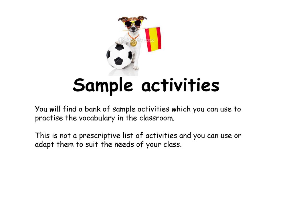 Sample activities You will find a bank of sample activities which you can use to practise the vocabulary in the classroom.