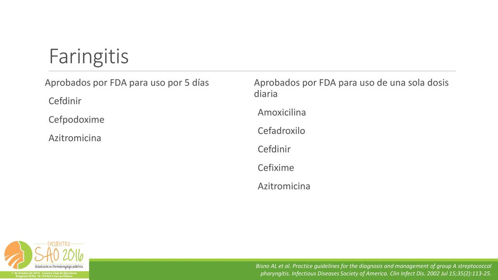 Faringitis Aprobados por FDA para uso por 5 días Cefdinir Cefpodoxime