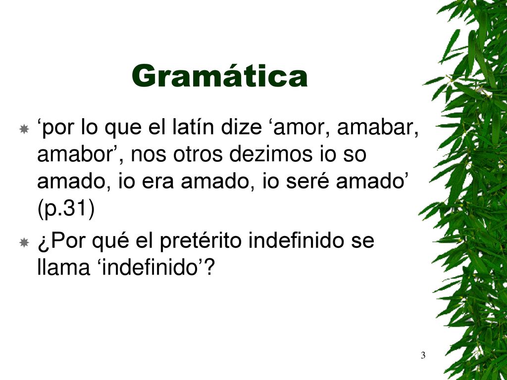 Gramática ‘por lo que el latín dize ‘amor, amabar, amabor’, nos otros dezimos io so amado, io era amado, io seré amado’ (p.31)